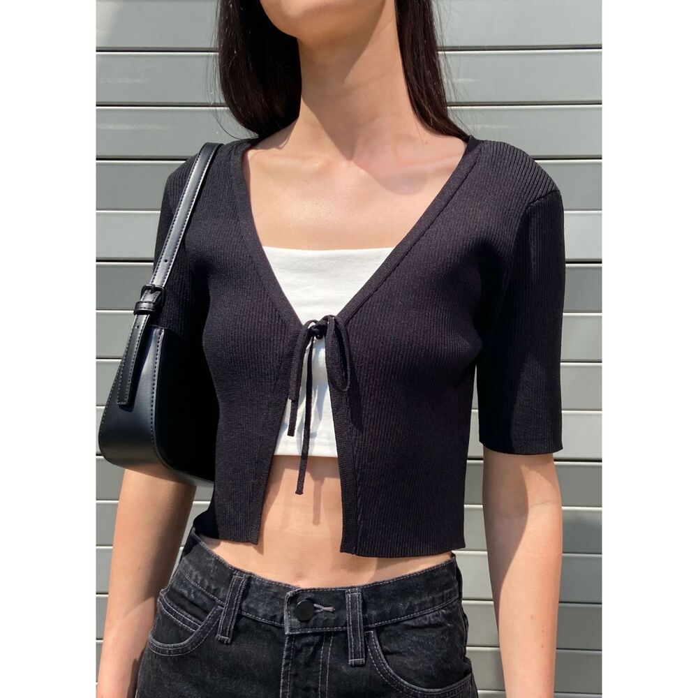 Oak and Fort Cropped Open Front Cardigan in Black NWT